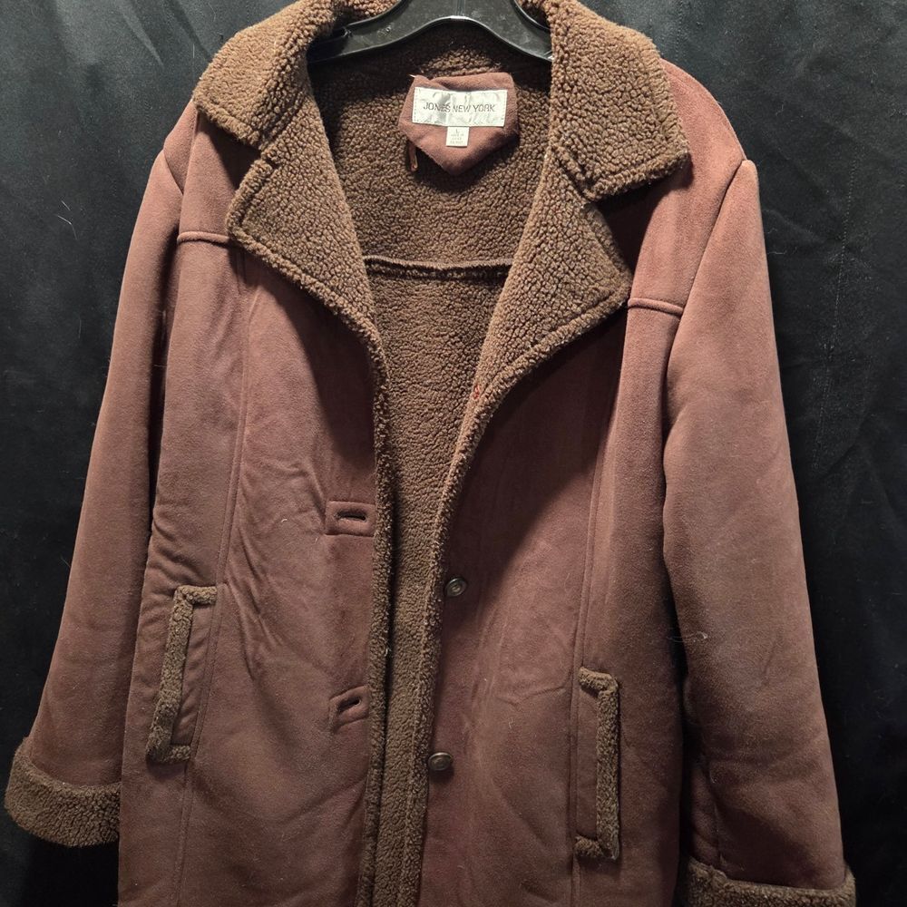 Jones New York Barn jacket Faux Suede Shearling Lined Coat Brown L Button Pocket